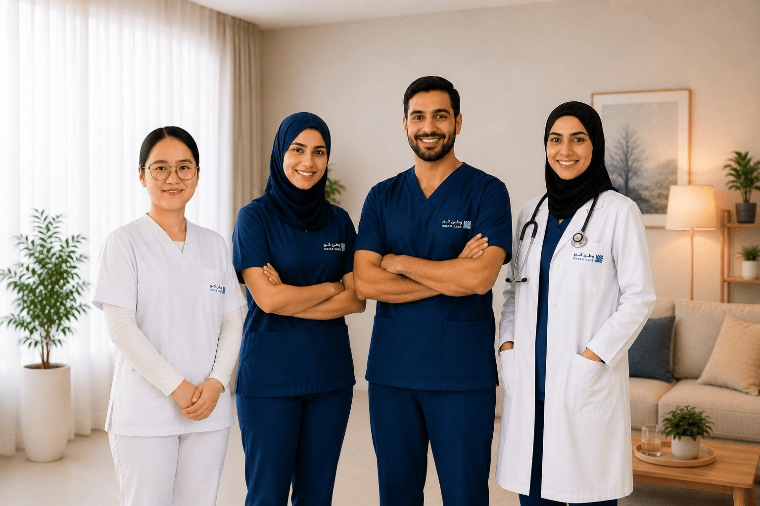 Watan Care medical team — nurse, male nurse, and doctor